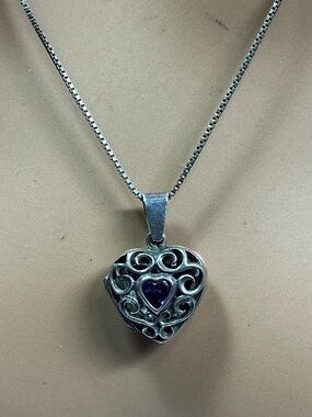 Sterling Silver Filigree Locket Necklace W/ Purple Stone. 19” long